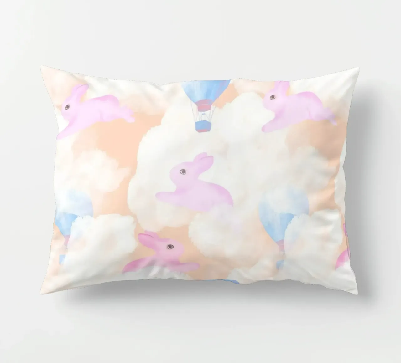 Rabbits in the rainbow clouds pastel gouache pattern paintin cuscino da mysteriouscoco