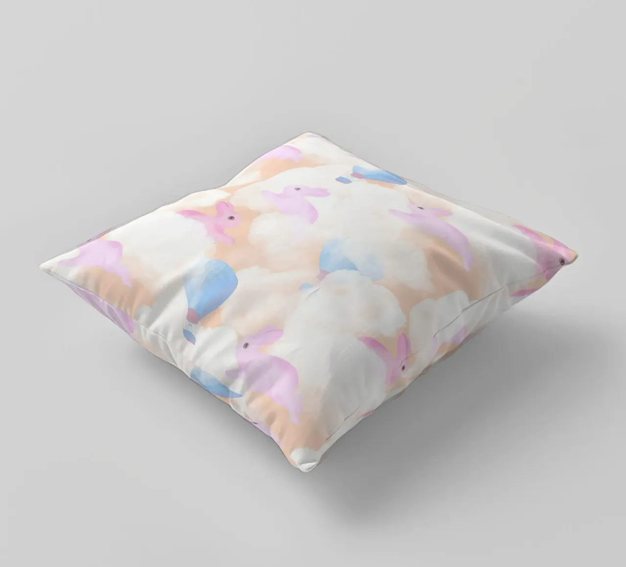 Rabbits in the rainbow clouds pastel gouache pattern paintin cuscino da mysteriouscoco