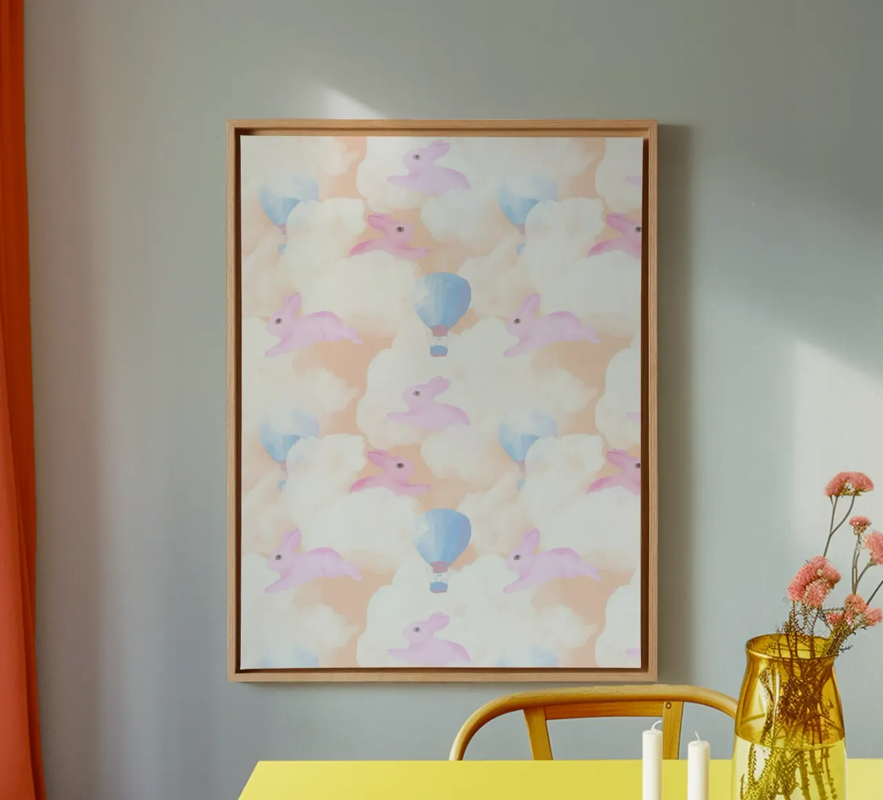 Rabbits in the rainbow clouds pastel gouache pattern paintin tela da mysteriouscoco