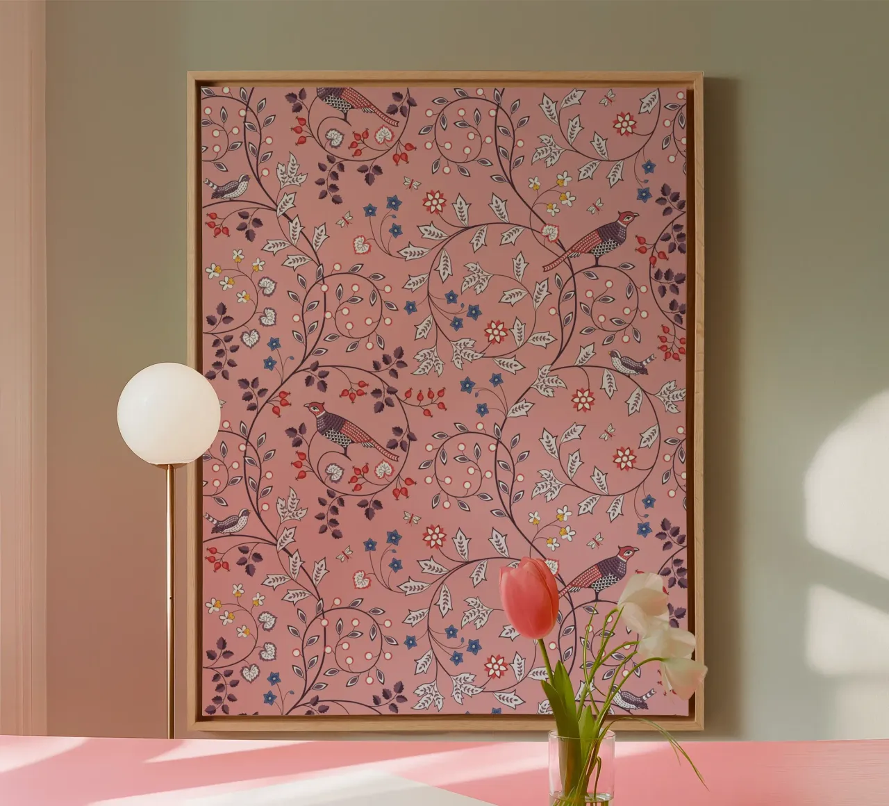 William Morris Pink Bird Print, Nature Print, Botanical Art canvas with Floater frame by ArtHaus