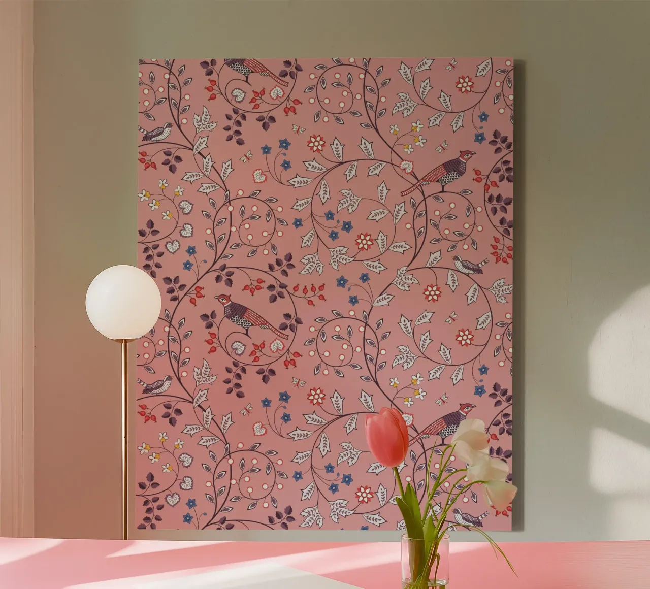 William Morris Pink Bird Print, Nature Print, Botanical Art canvas with Floater frame by ArtHaus