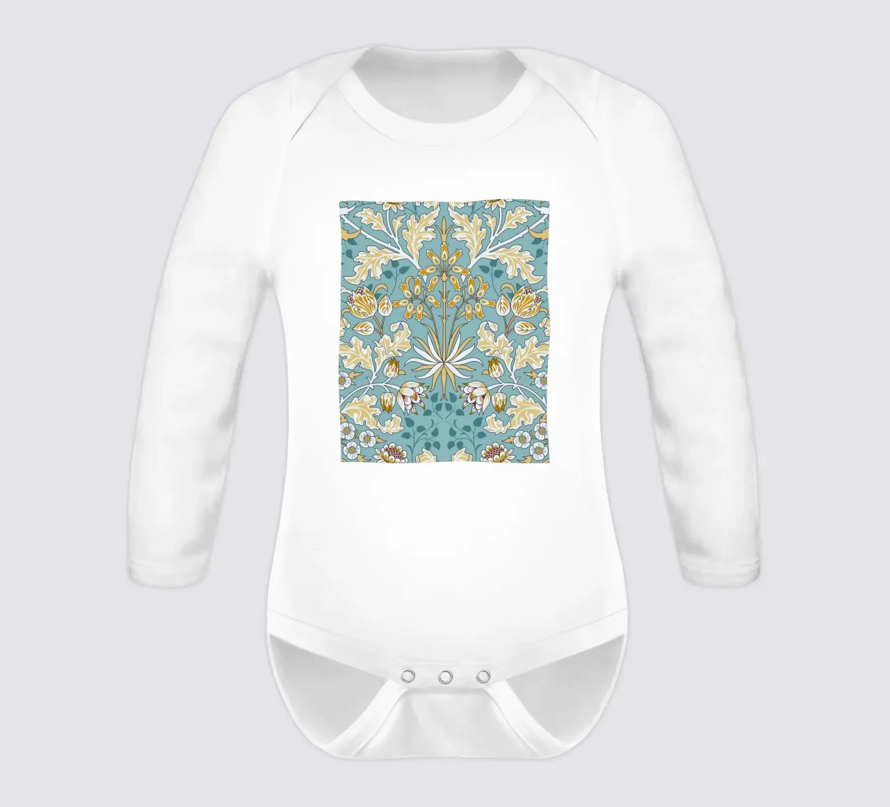 William Morris Botanical Print long-sleeve baby romper by ArtHaus