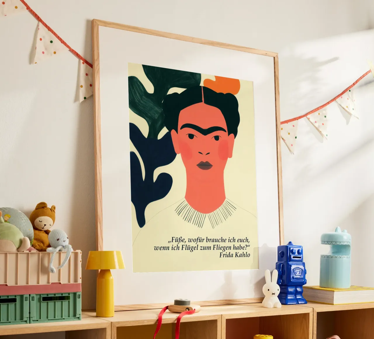 Ali per volare | Design di una citazione di Frida Kahlo poster con telaio in legno da Autofocus