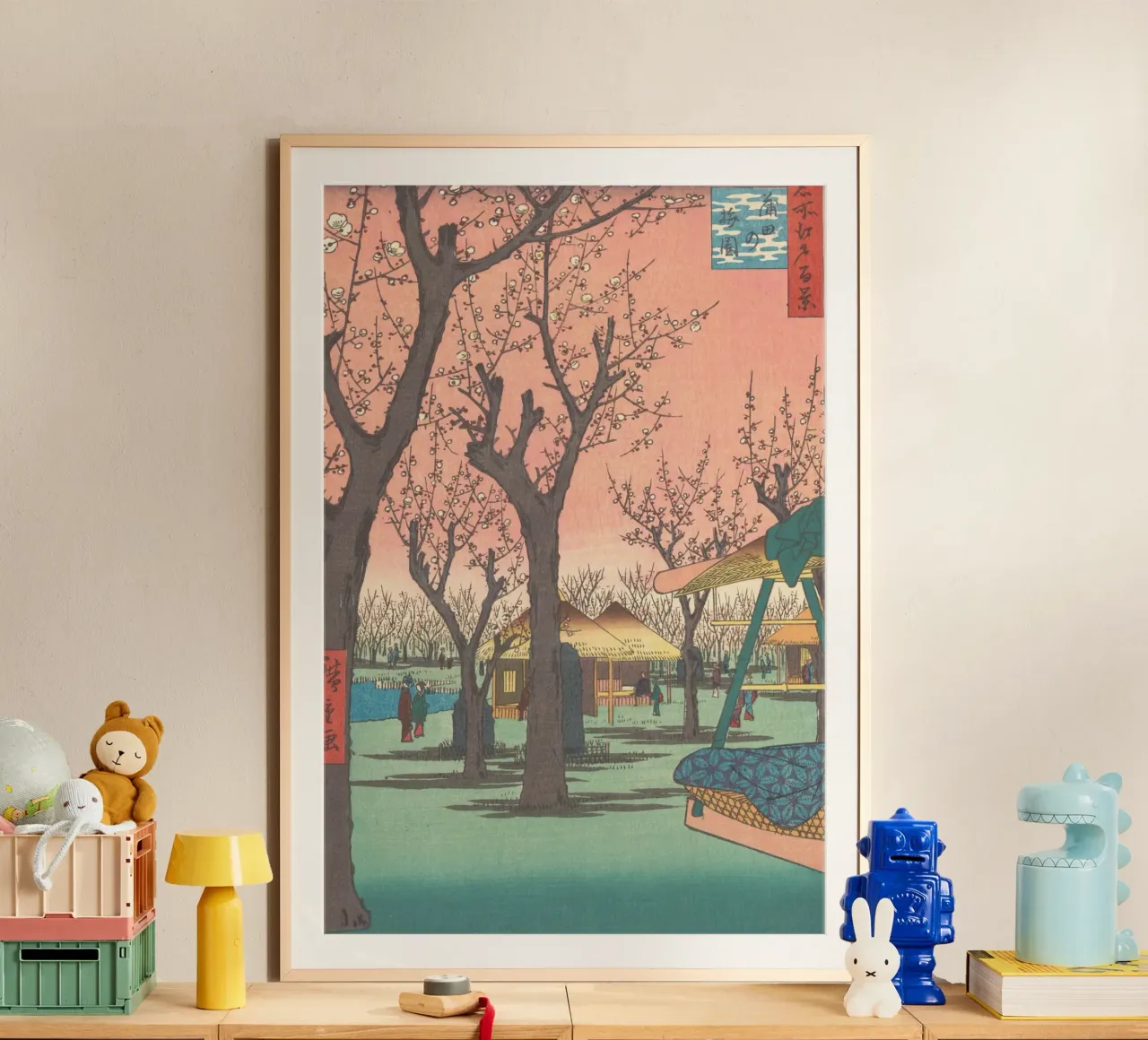 Utagawa Hiroshige - Giardino dei susini a Kamata . 1857 poster con telaio in legno da Wirla
