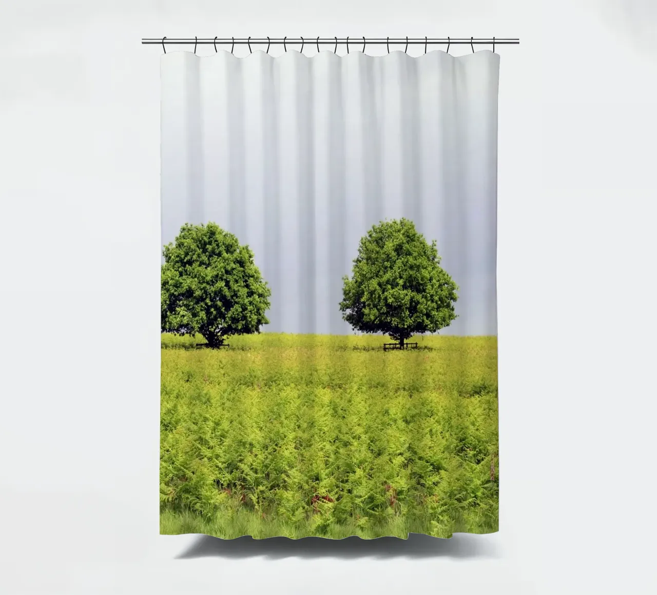 Trees in a Field of Ferns under a Grey Sky shower curtain by Jack C Photography