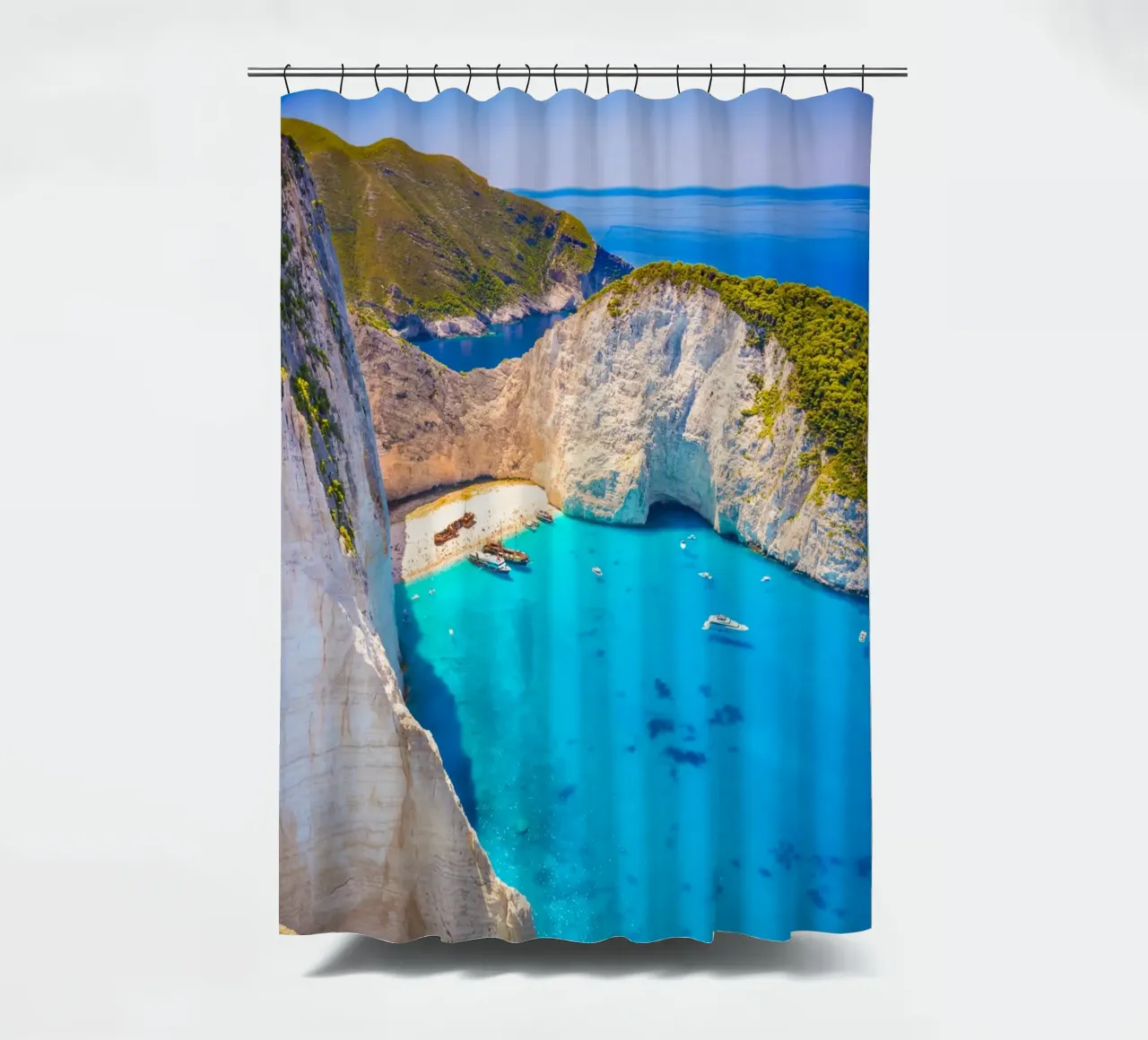 Zakynthos Greece, Shipwreck Bay, Greek Islands shower curtain by TheTravelClub
