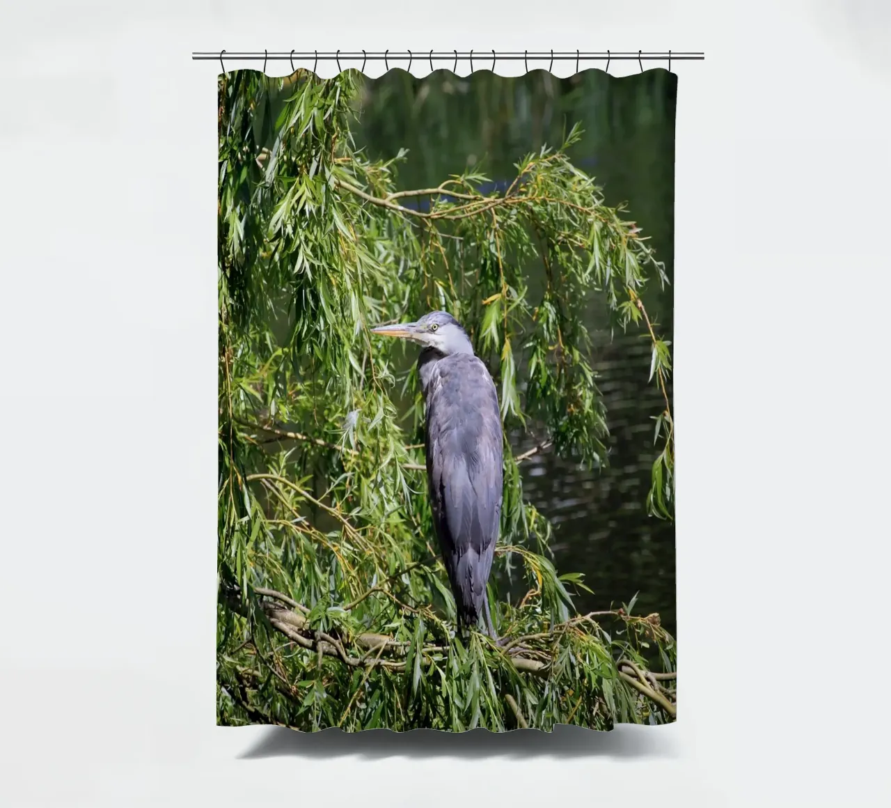 Heron in a Willow Tree at the Lake shower curtain by Jack C Photography