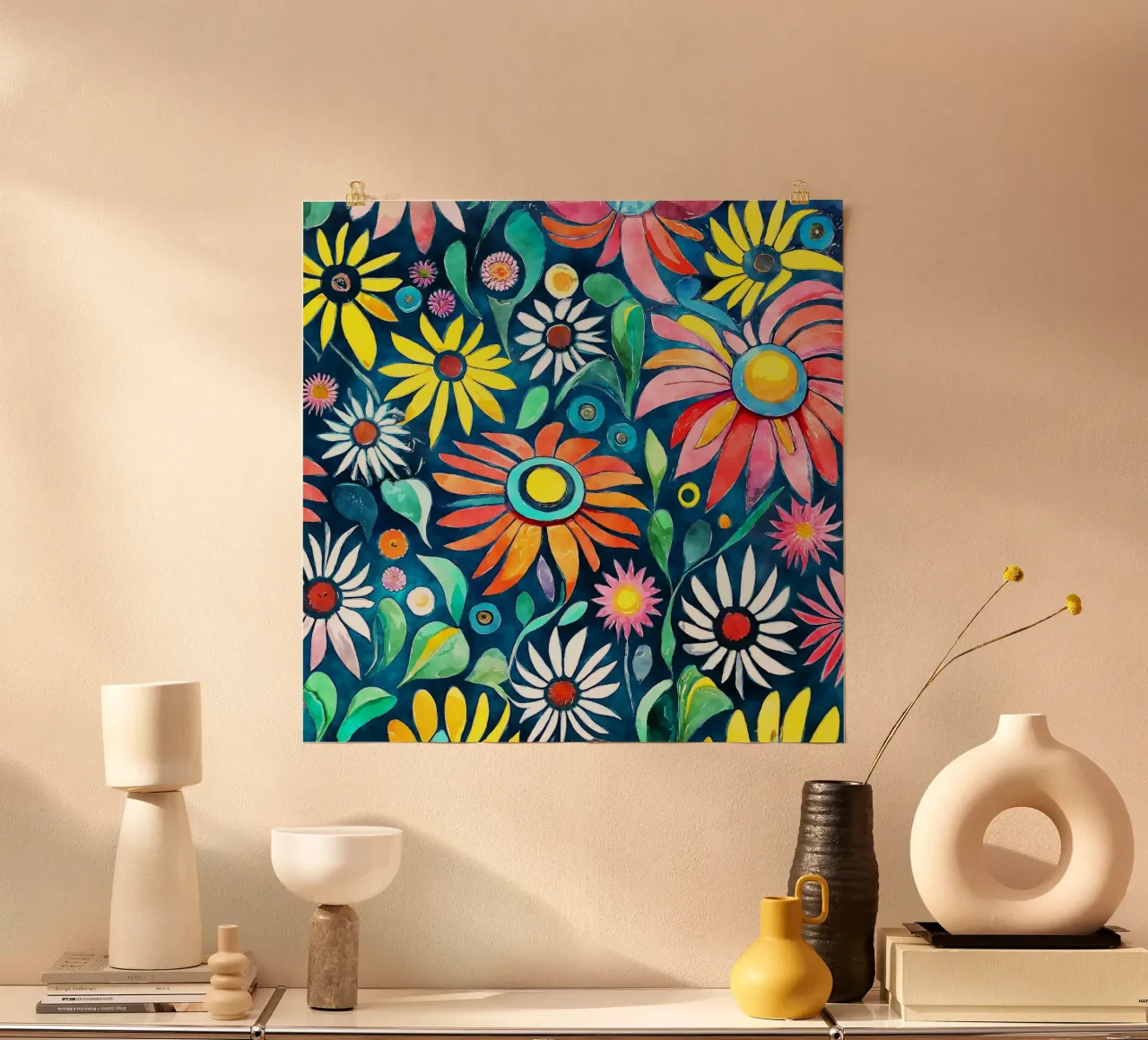 Margherite divertenti poster con telaio in legno da Botanical Pattern House