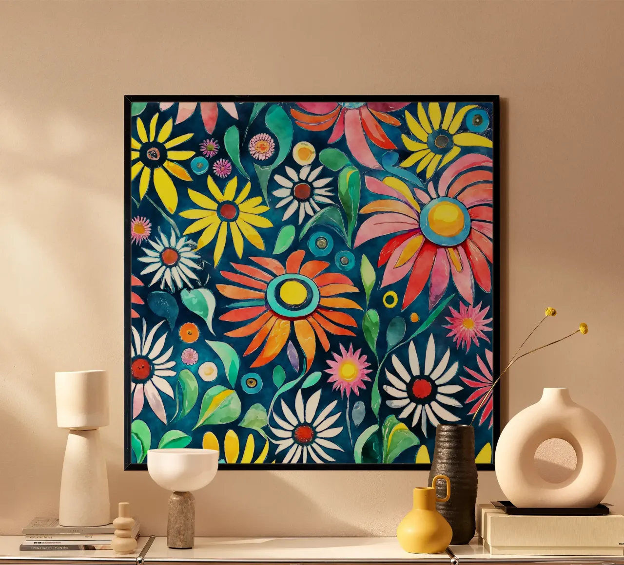 Margherite divertenti poster con telaio in legno da Botanical Pattern House