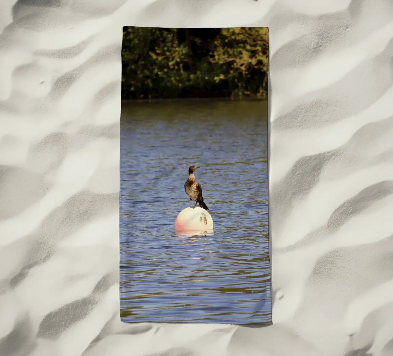 Cormorant Perched on a Buoy in the Lake beach towel by Jack C Photography