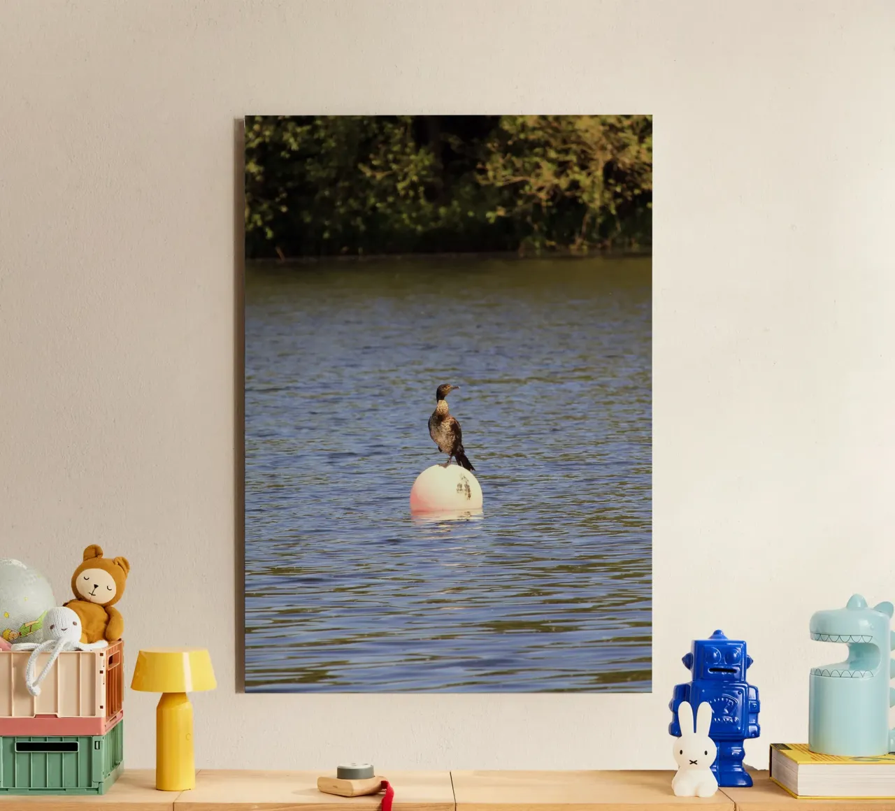 Cormorant Perched on a Buoy in the Lake alu-dibond by Jack C Photography