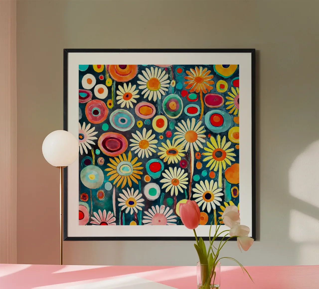 Margherite divertenti poster con telaio in legno da Botanical Pattern House