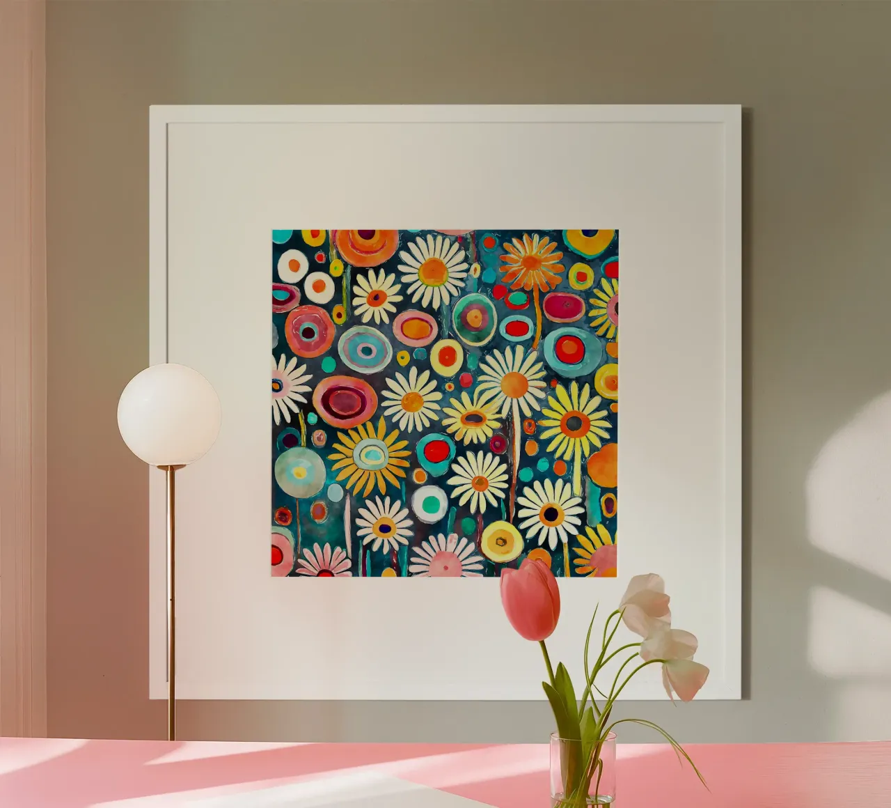 Margherite divertenti poster con telaio in legno da Botanical Pattern House