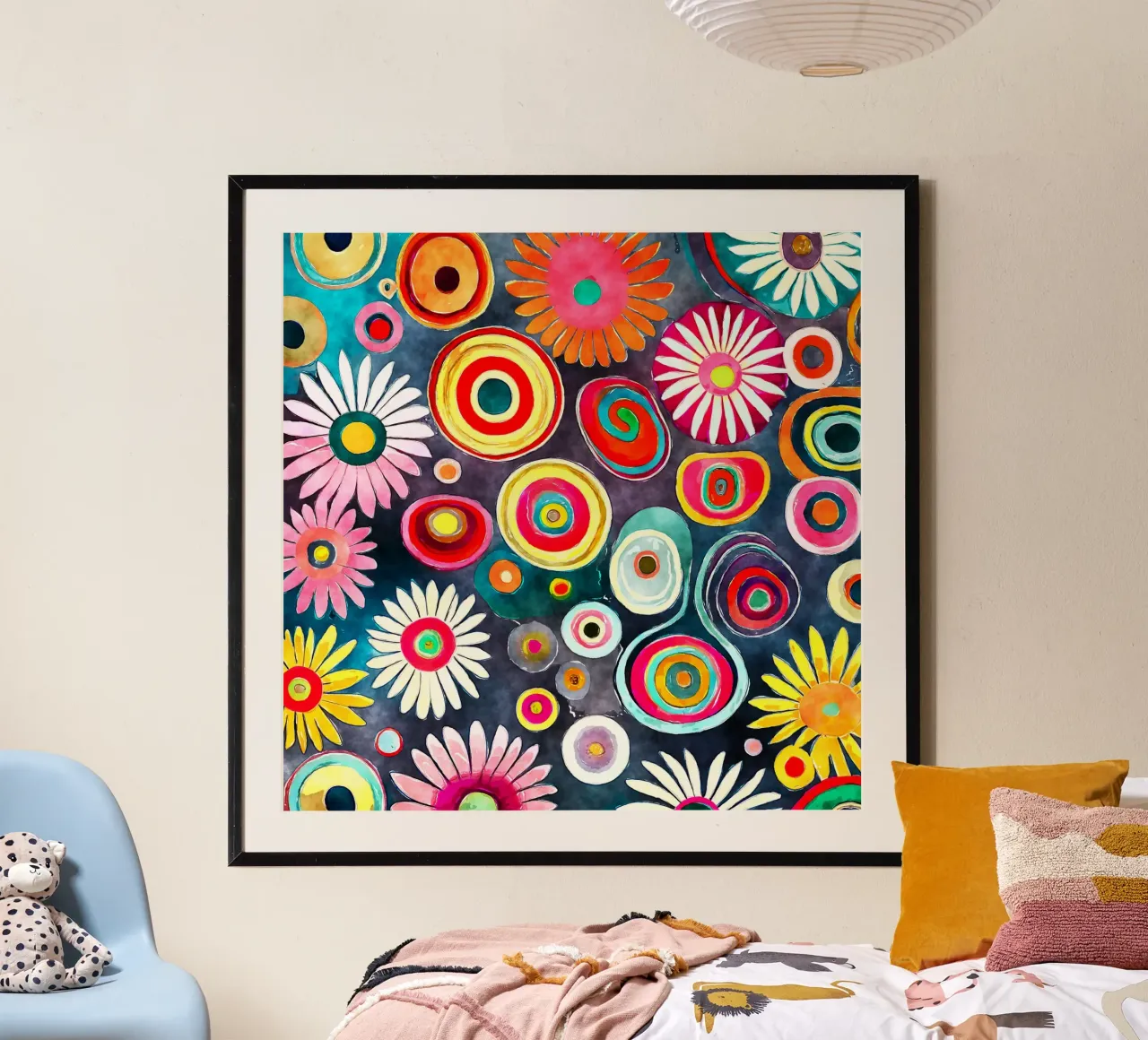 Margherite divertenti poster con telaio in legno da Botanical Pattern House