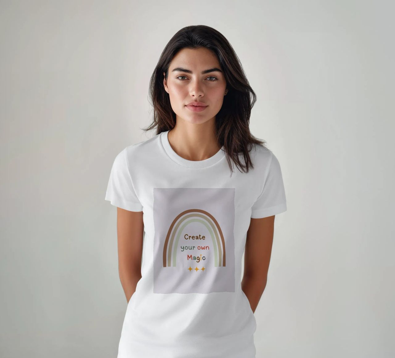 Create Your Own Magic – Minimalist Boho Rainbow Print t-shirt by Sprouts & Sparks