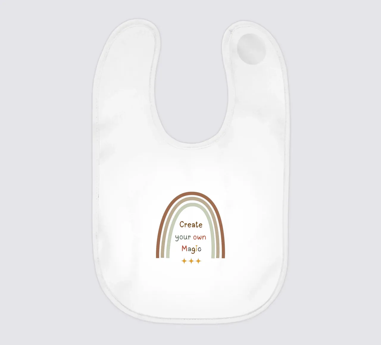 Create Your Own Magic – Minimalist Boho Rainbow Print baby bib by Sprouts & Sparks