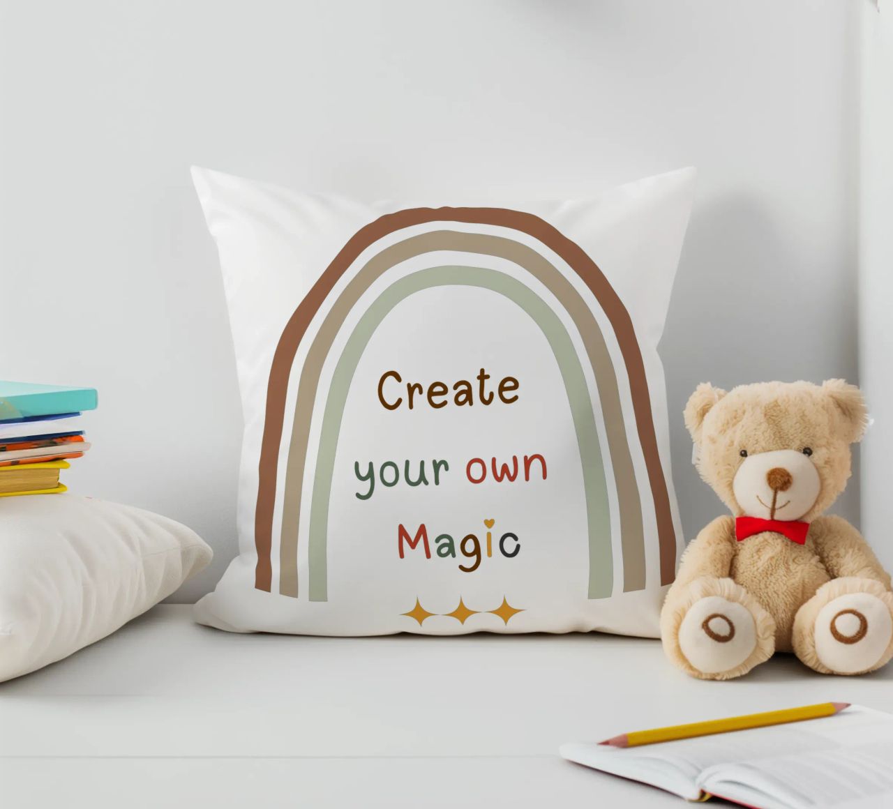 Create Your Own Magic – Minimalist Boho Rainbow Print decorative cushion by Sprouts & Sparks