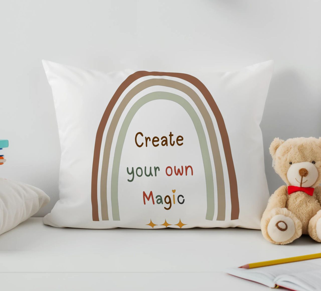 Create Your Own Magic – Minimalist Boho Rainbow Print decorative cushion by Sprouts & Sparks