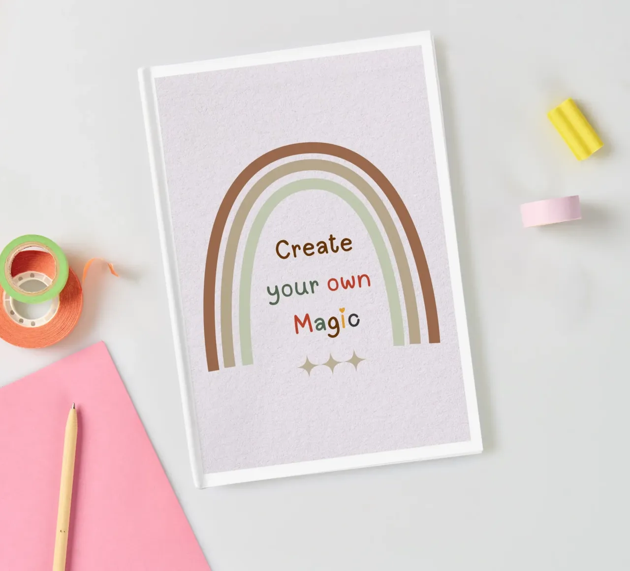 Create Your Own Magic – Minimalist Boho Rainbow Print notebook by Sprouts & Sparks