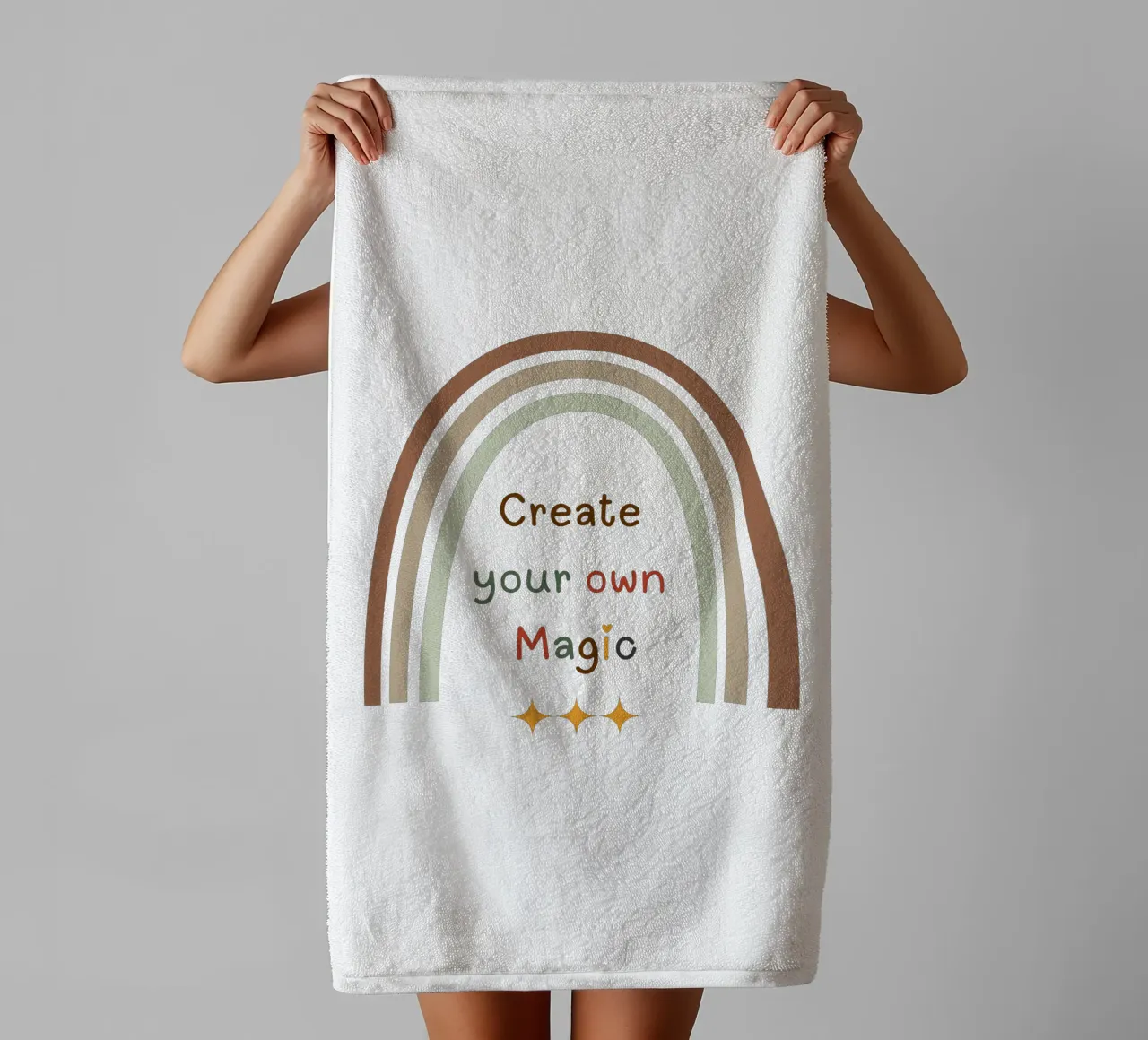 Create Your Own Magic – Minimalist Boho Rainbow Print towel by Sprouts & Sparks
