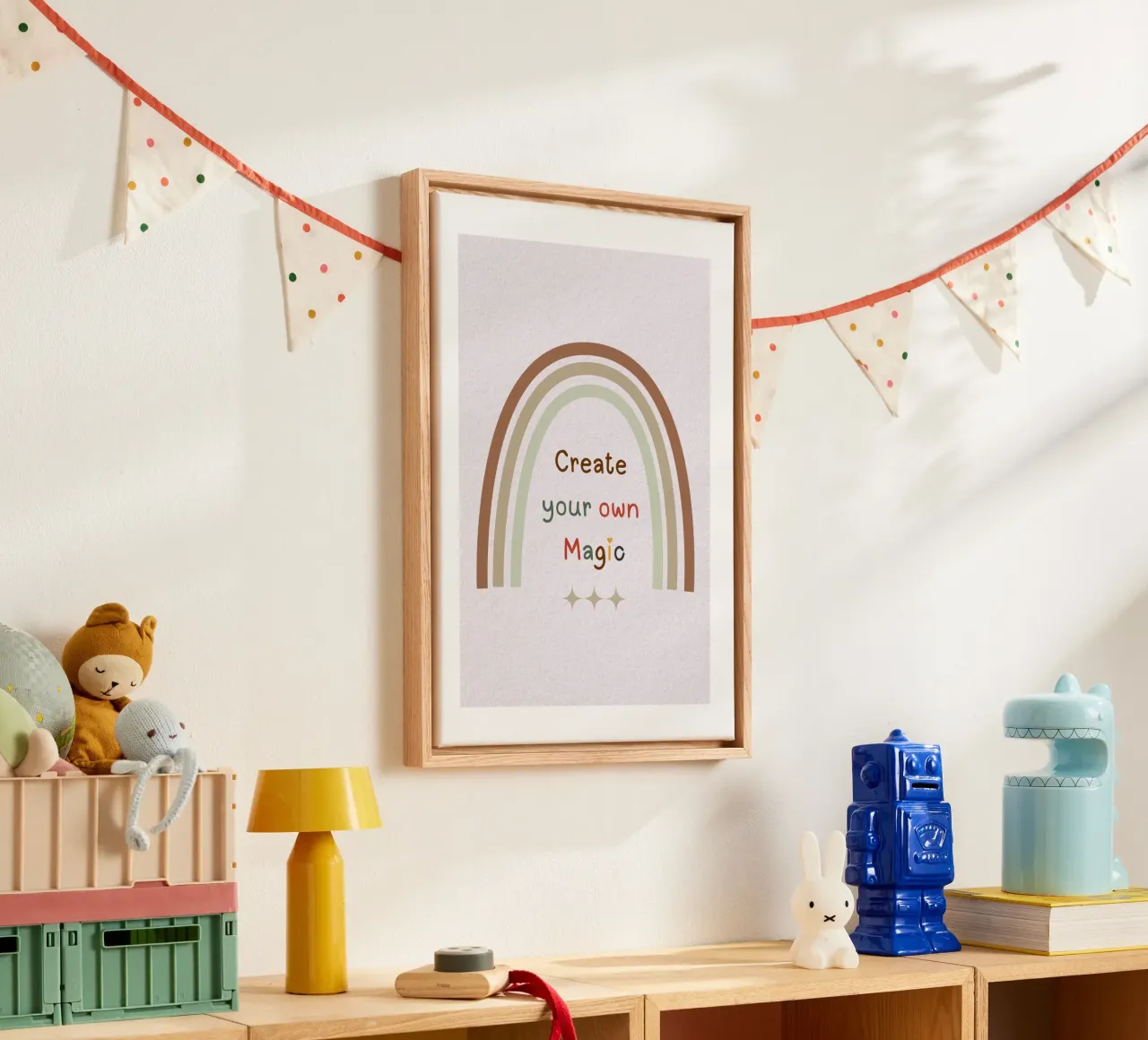 Create Your Own Magic – Minimalist Boho Rainbow Print canvas with Floater frame by Sprouts & Sparks