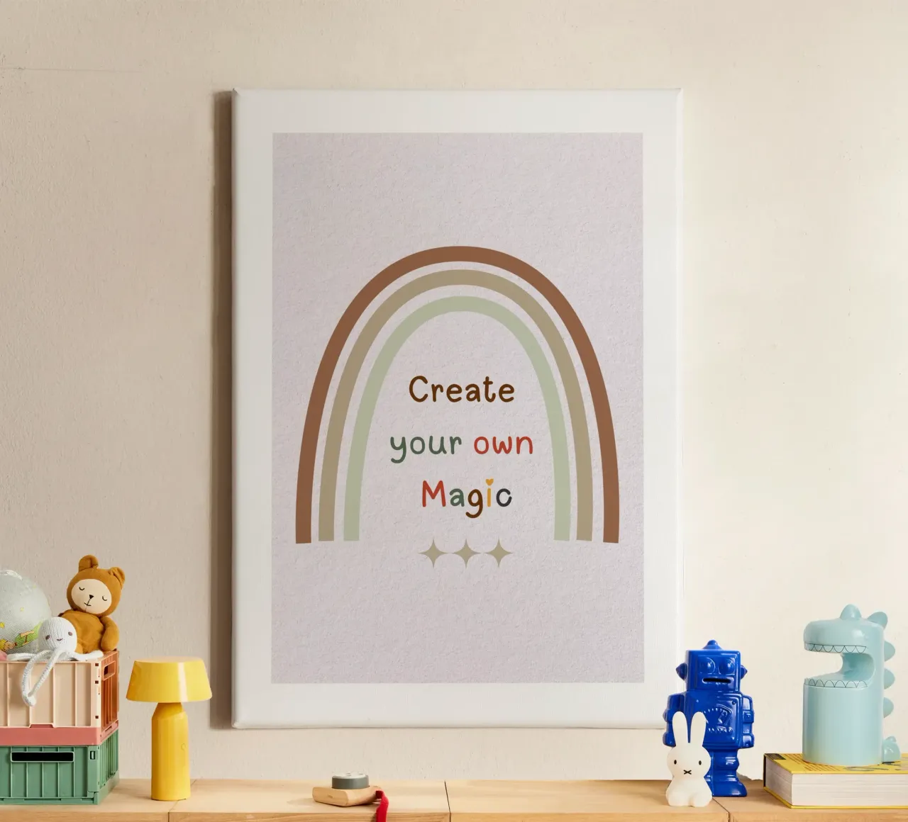 Create Your Own Magic – Minimalist Boho Rainbow Print canvas with Floater frame by Sprouts & Sparks