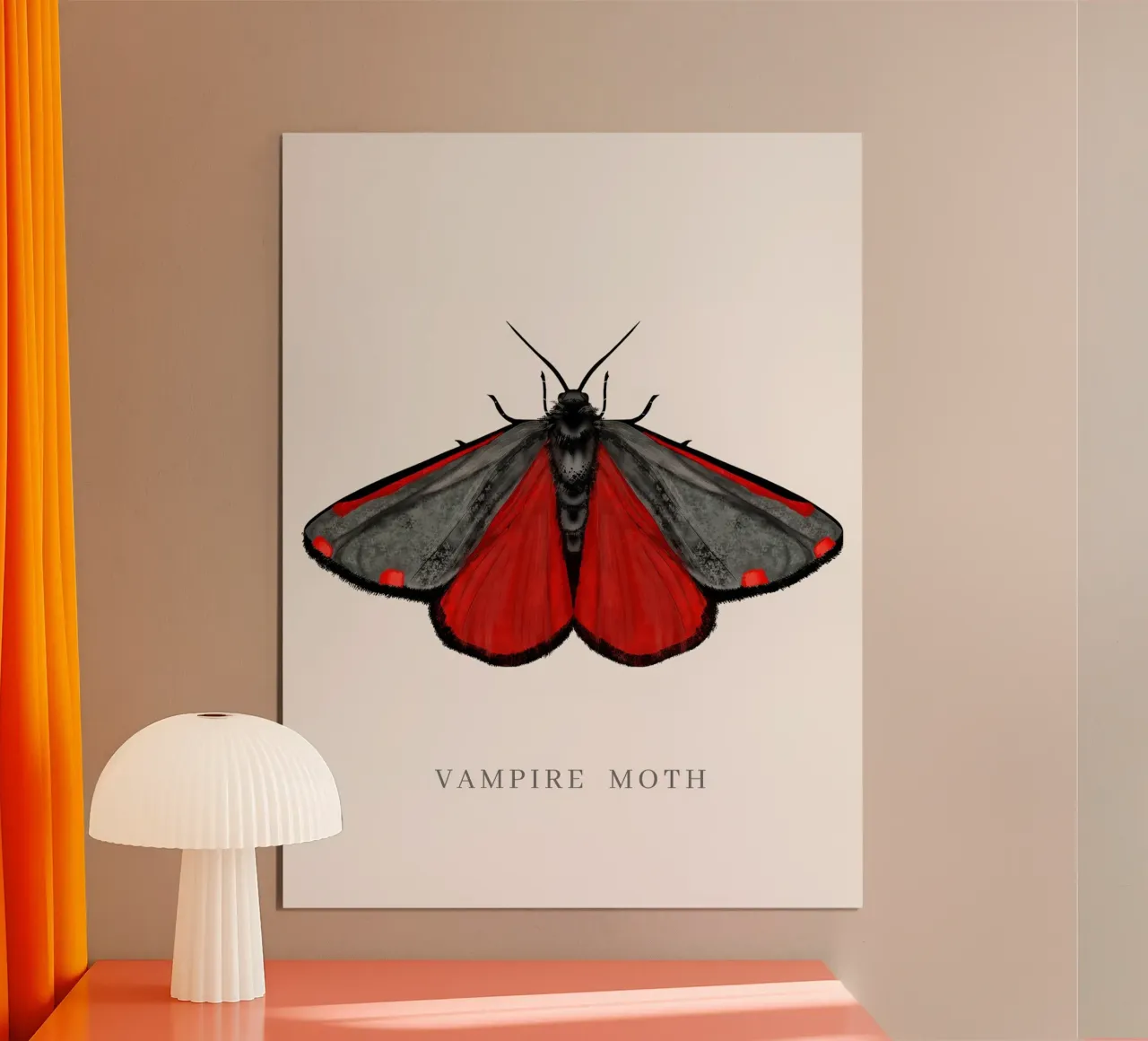 Velvet red butterfly vampire moth vintage illustration hand poster con telaio in legno da mysteriouscoco
