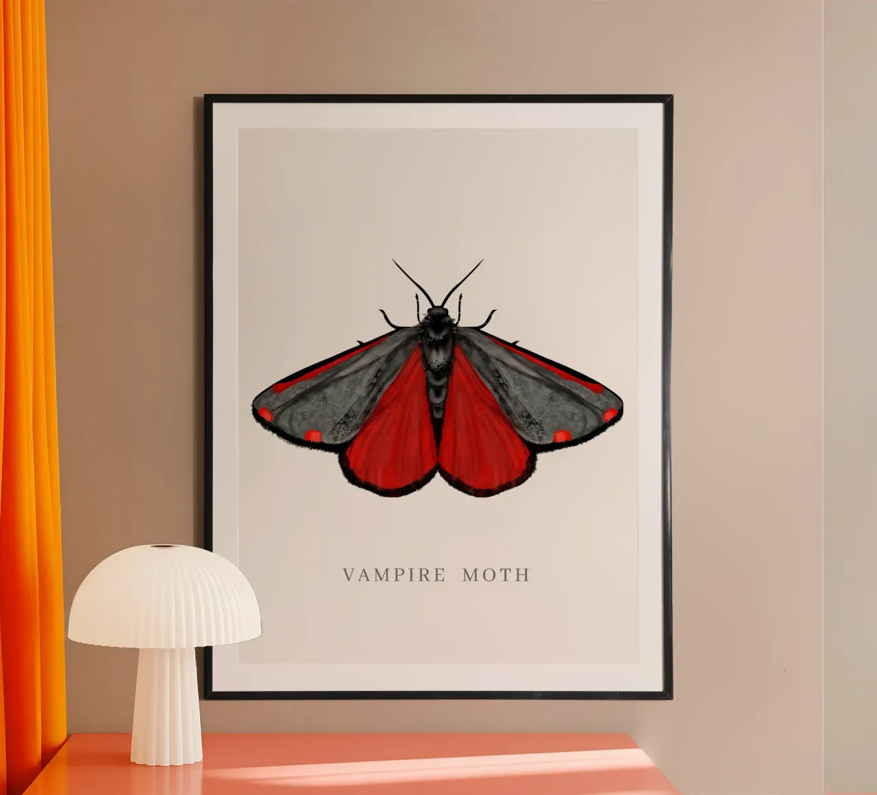 Velvet red butterfly vampire moth vintage illustration hand poster con telaio in legno da mysteriouscoco