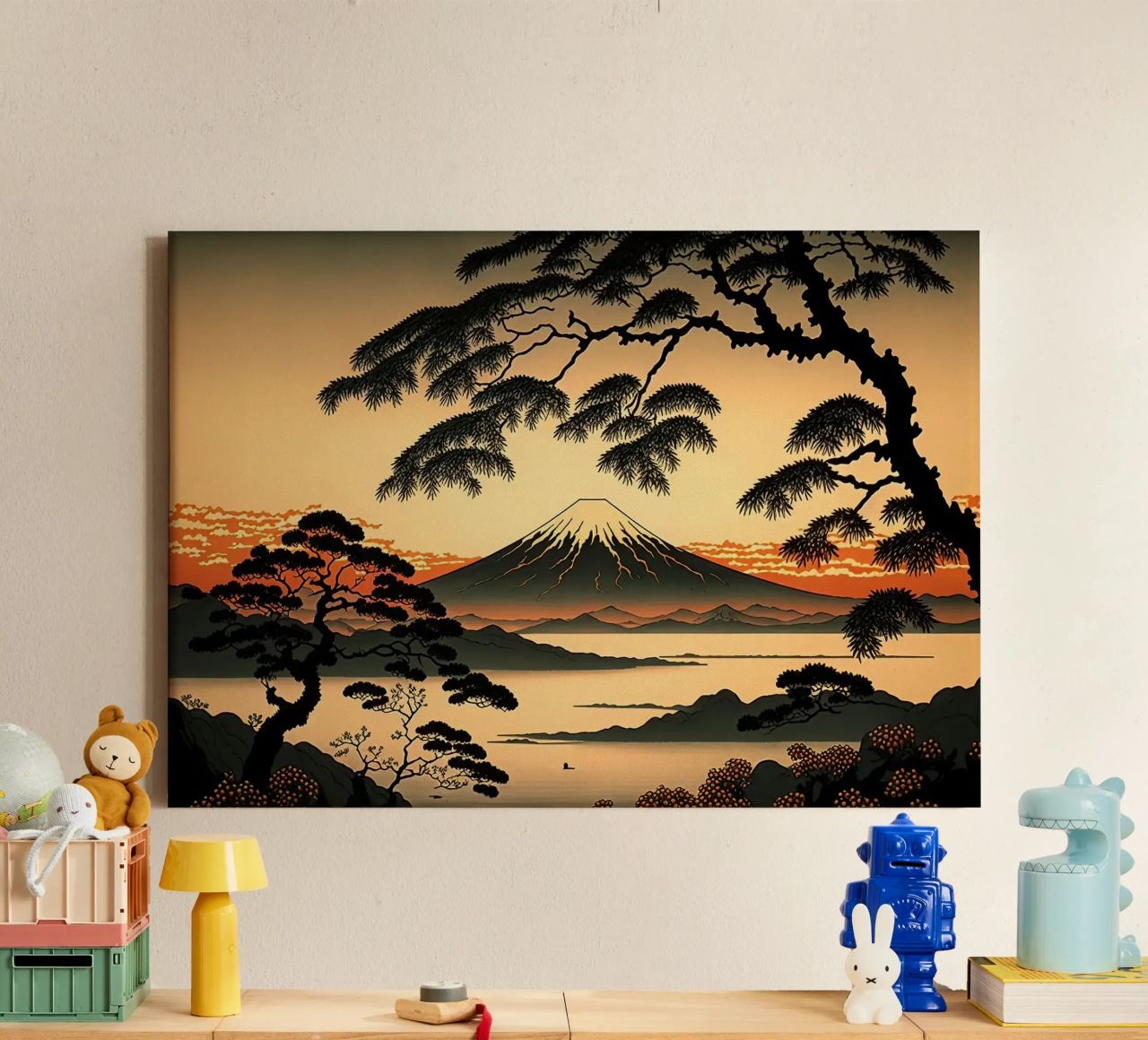 berg zonsondergang pijnbomen meer reflectie canvas van Perry Kale