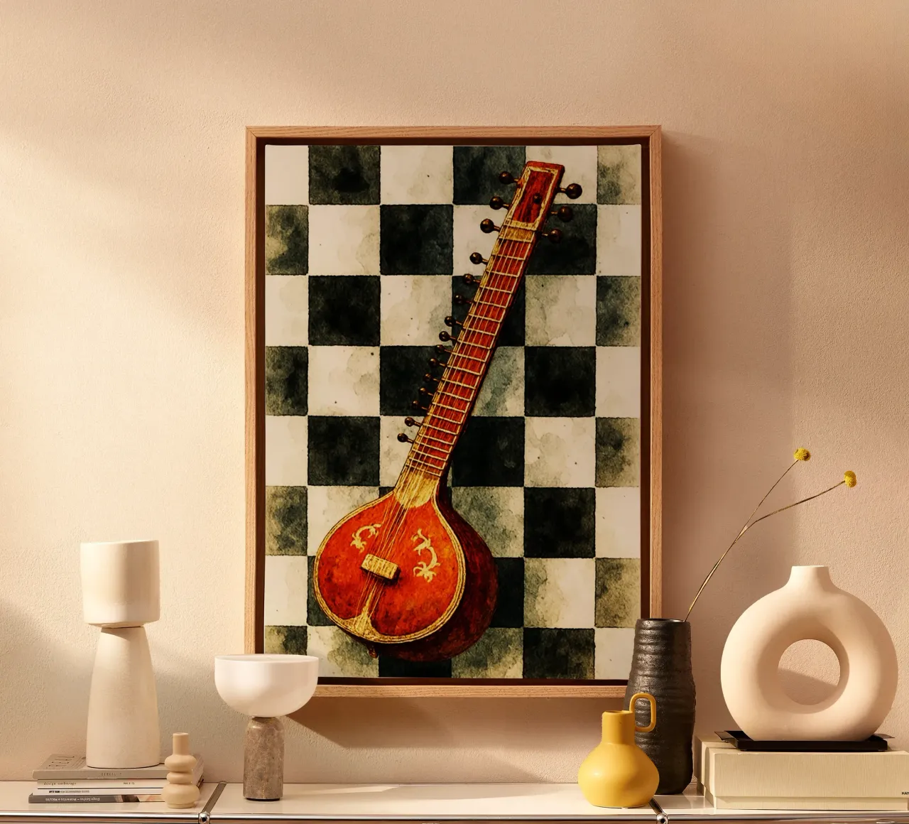 sitar verbeelding schilderij tekening kunst canvas met Baklijst van the gendels