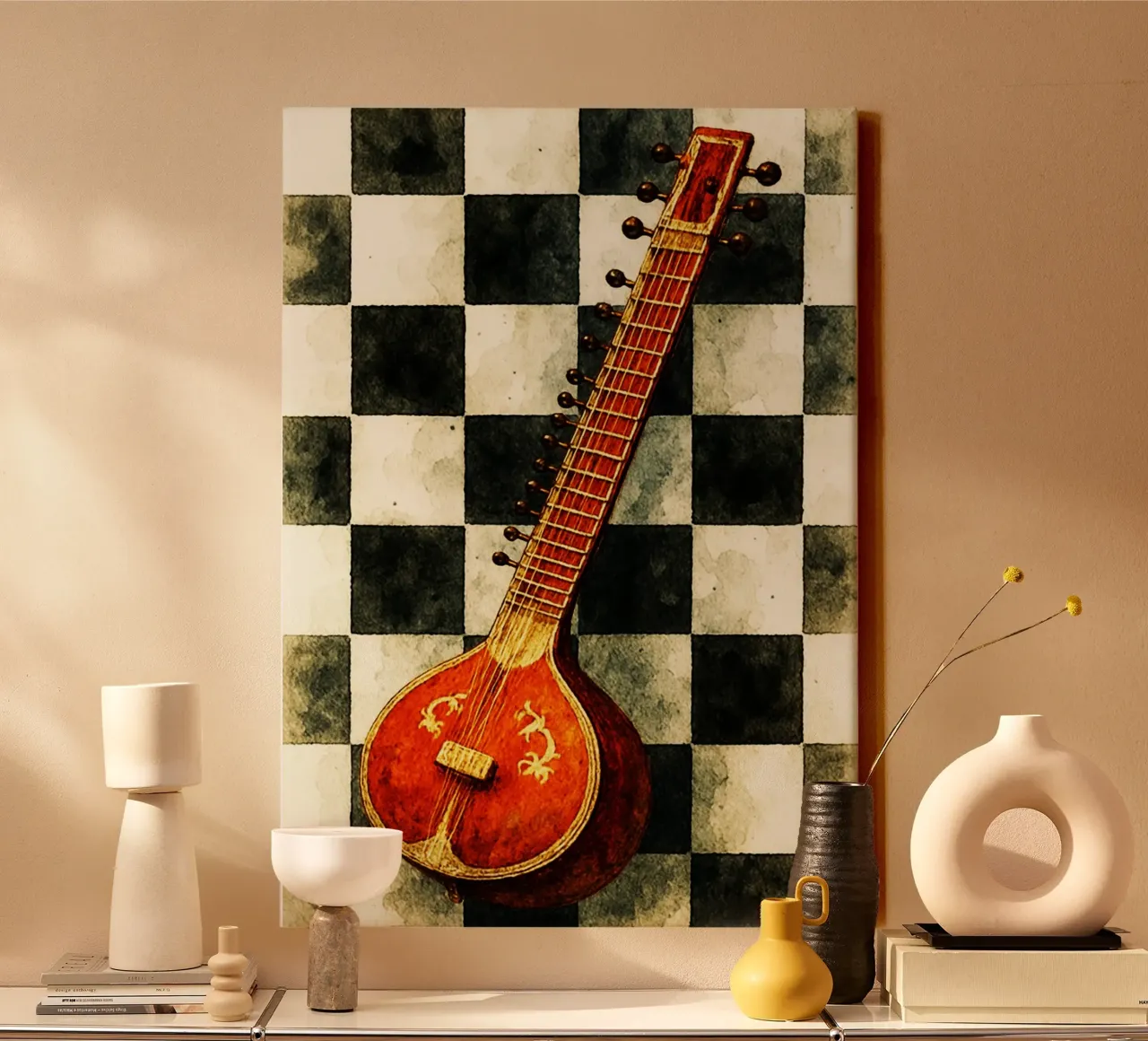 sitar verbeelding schilderij tekening kunst canvas met Baklijst van the gendels