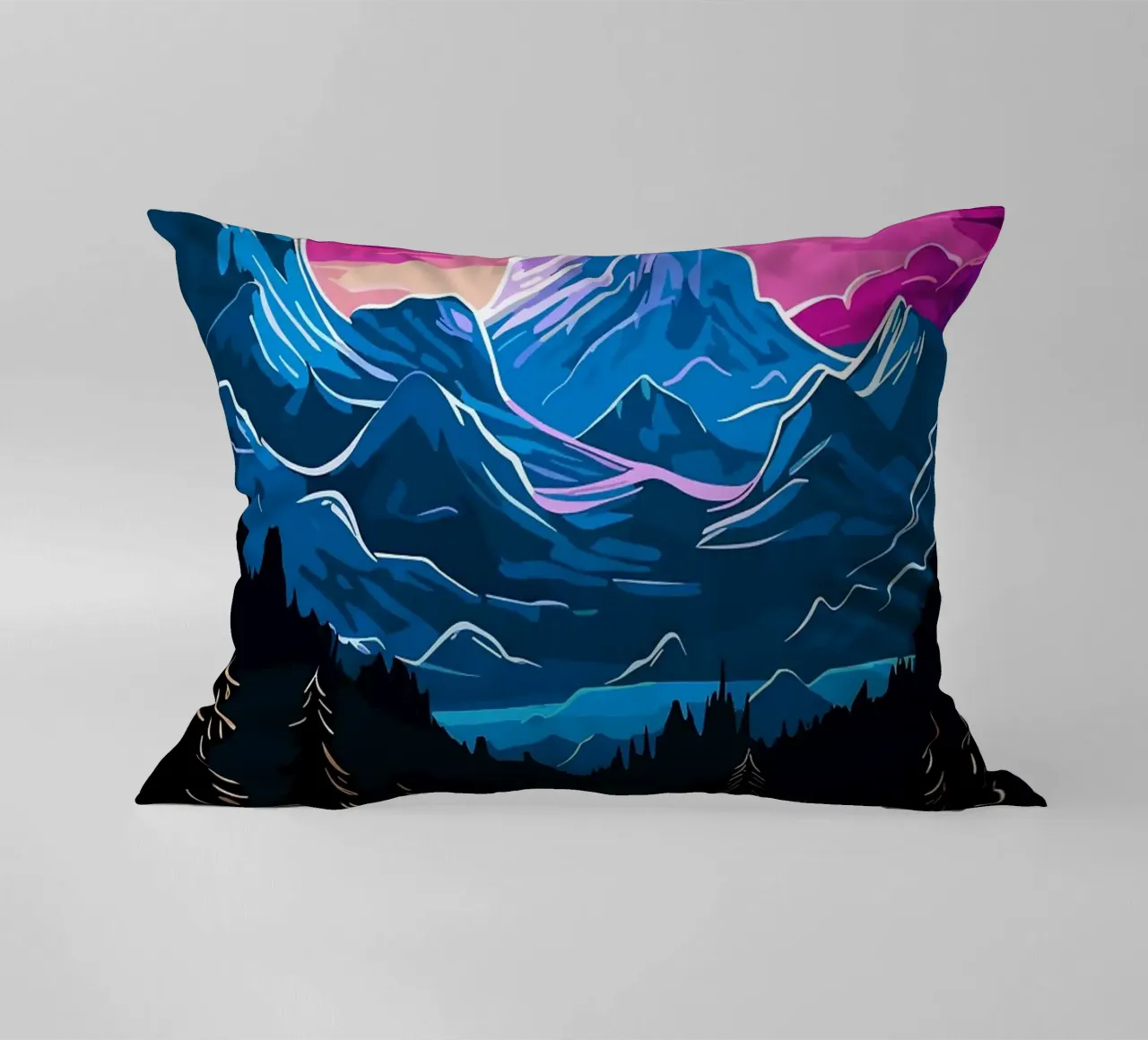 montagne luna cascata foresta fiume pini cielo notturno cuscino da Kirsten C Nolan
