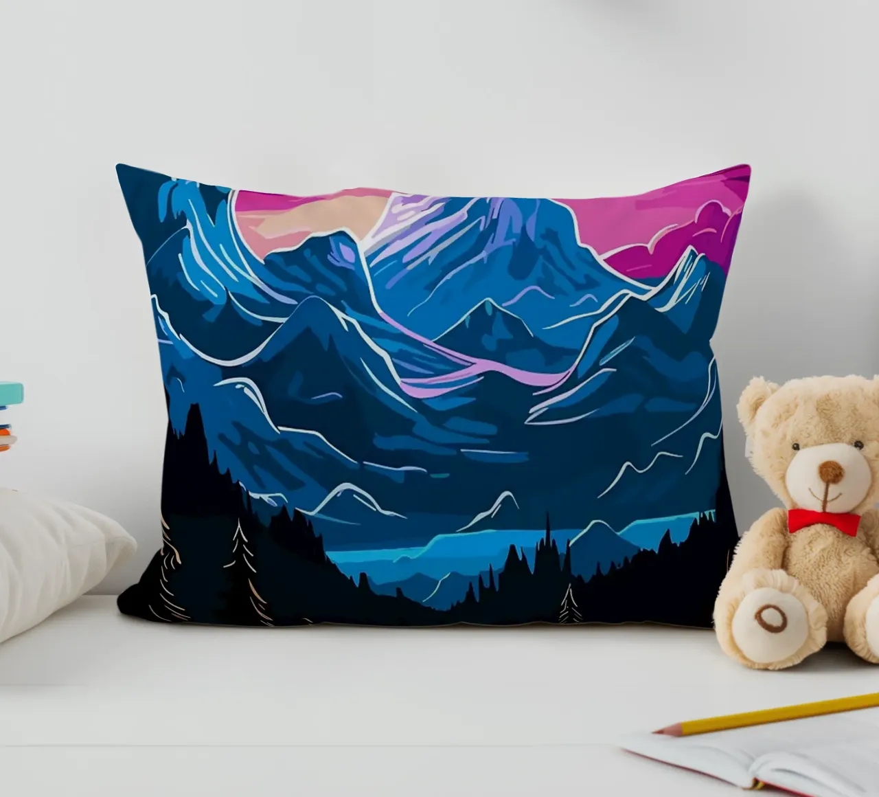 montagne luna cascata foresta fiume pini cielo notturno cuscino da Kirsten C Nolan