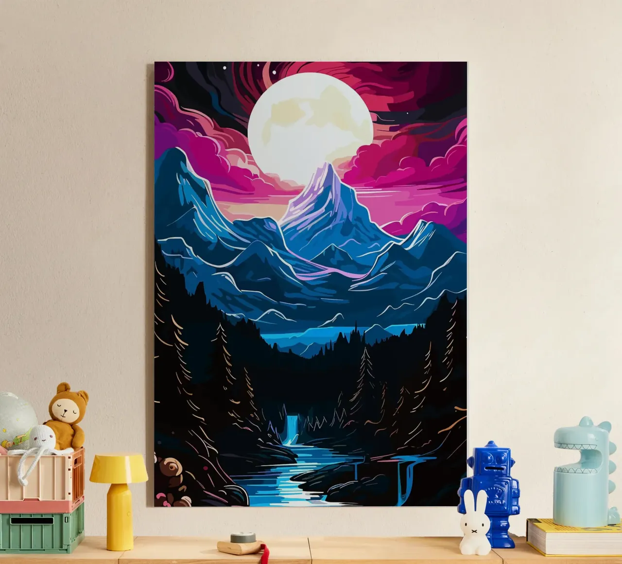 montagne luna cascata foresta fiume pini cielo notturno plexiglass da Kirsten C Nolan