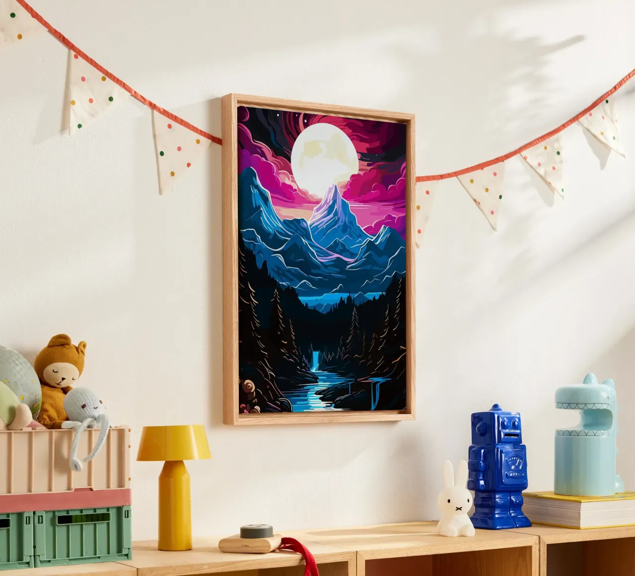 mountains moon waterfall forest river pine trees night sky canvas by Kirsten C Nolan