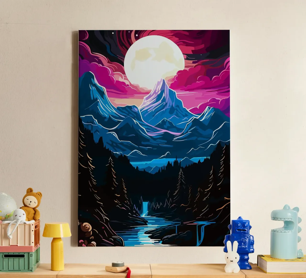 mountains moon waterfall forest river pine trees night sky canvas by Kirsten C Nolan