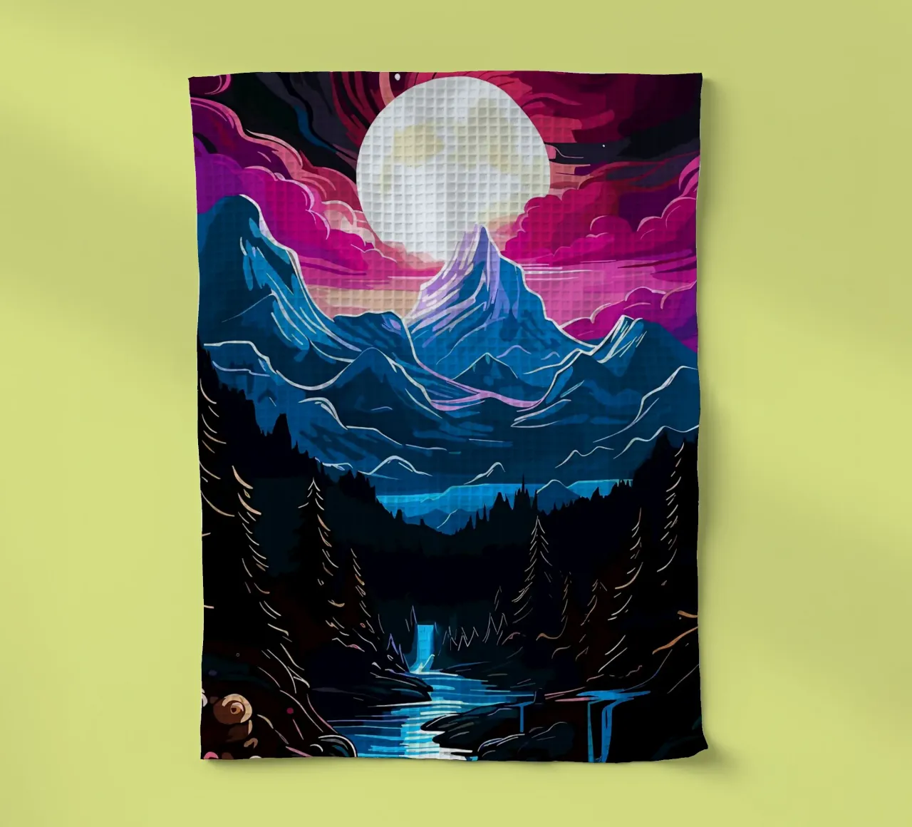 mountains moon waterfall forest river pine trees night sky tea towel by Kirsten C Nolan