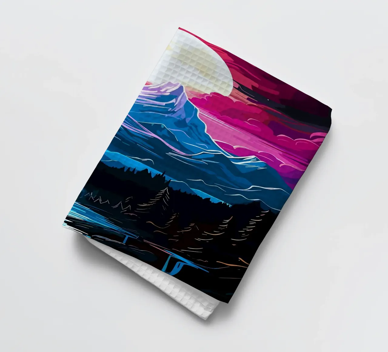 mountains moon waterfall forest river pine trees night sky tea towel by Kirsten C Nolan