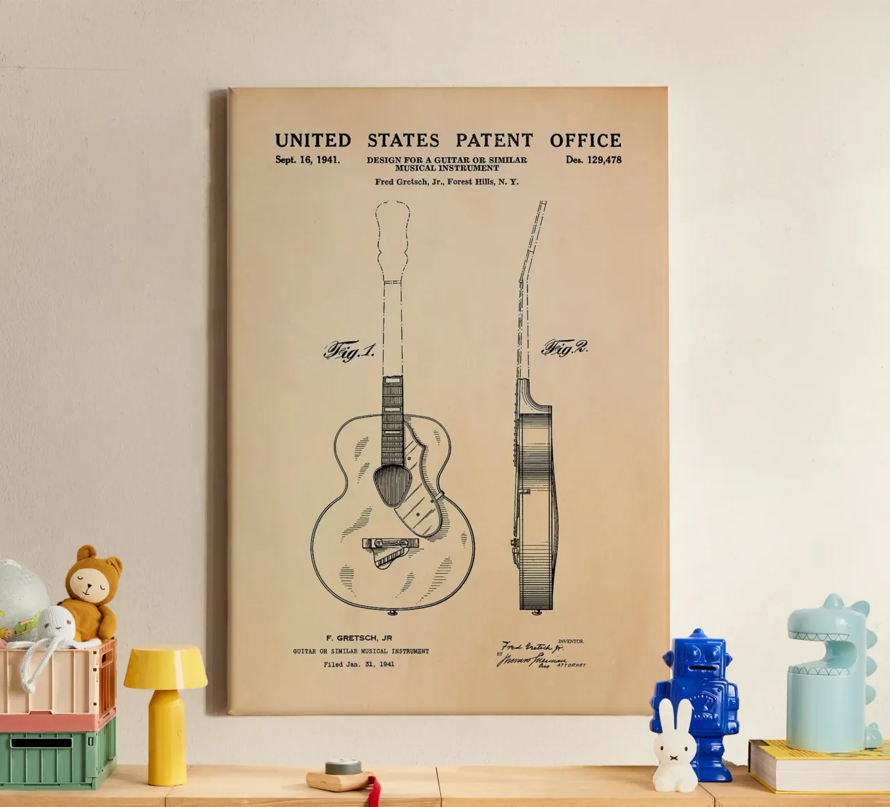 gitaar muziekinstrument octrooi illustratie ontwerp canvas met Baklijst van Kirsten C Nolan