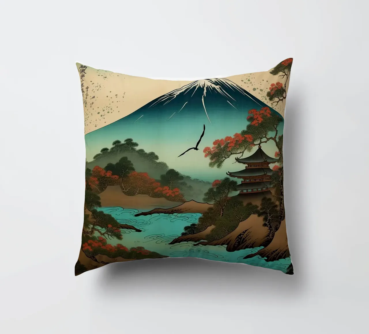 montagna alberi fiume pagoda cielo nuvole uccello cuscino da Kirsten C Nolan
