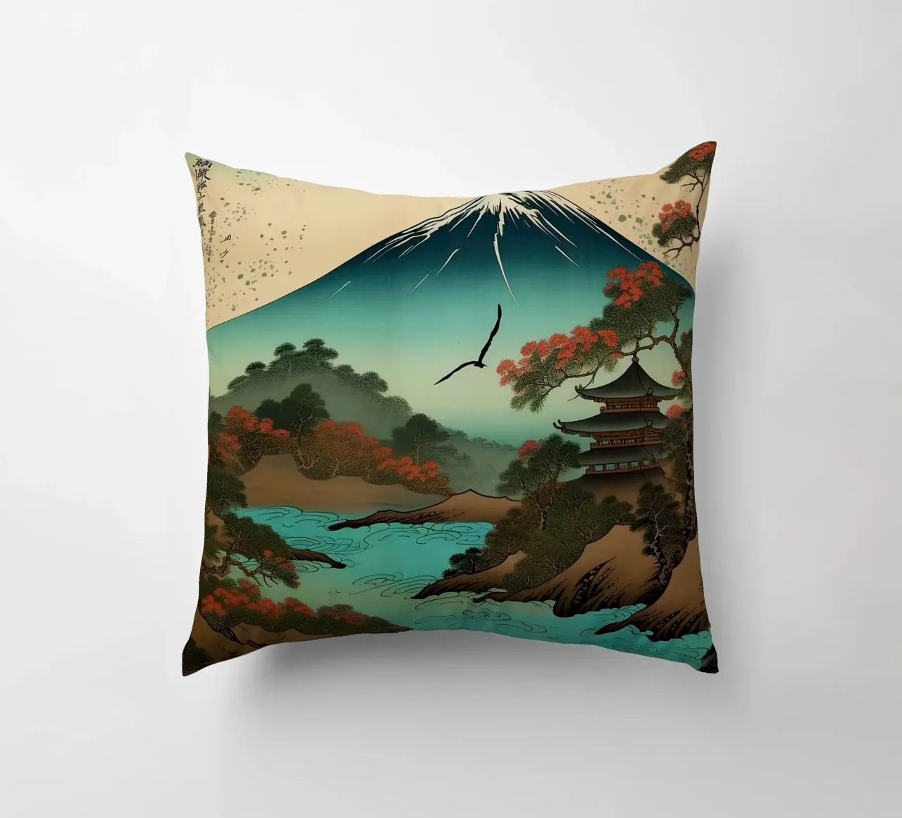 montagna alberi fiume pagoda cielo nuvole uccello cuscino da Kirsten C Nolan