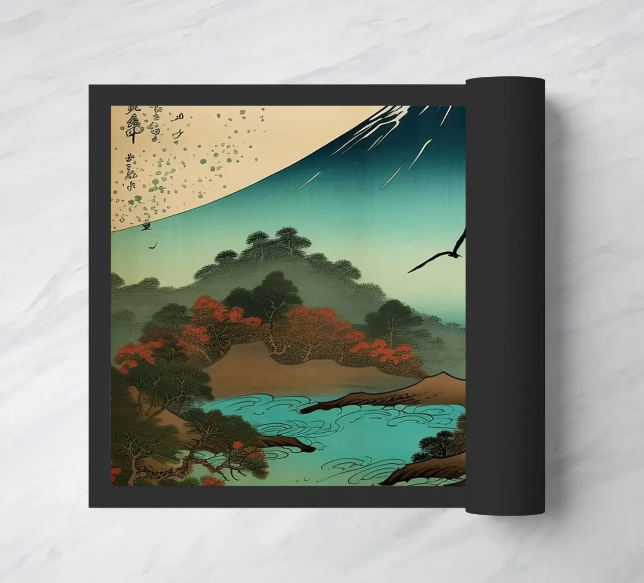 mountain trees river pagoda sky clouds bird doormat by Kirsten C Nolan