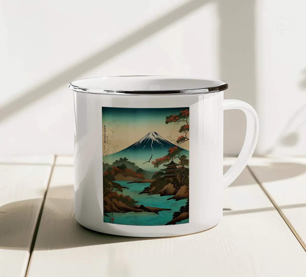 montagna alberi fiume pagoda cielo nuvole uccello tazza in smalto da Kirsten C Nolan