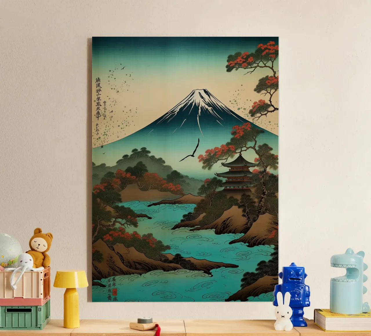 montagna alberi fiume pagoda cielo nuvole uccello plexiglass da Kirsten C Nolan