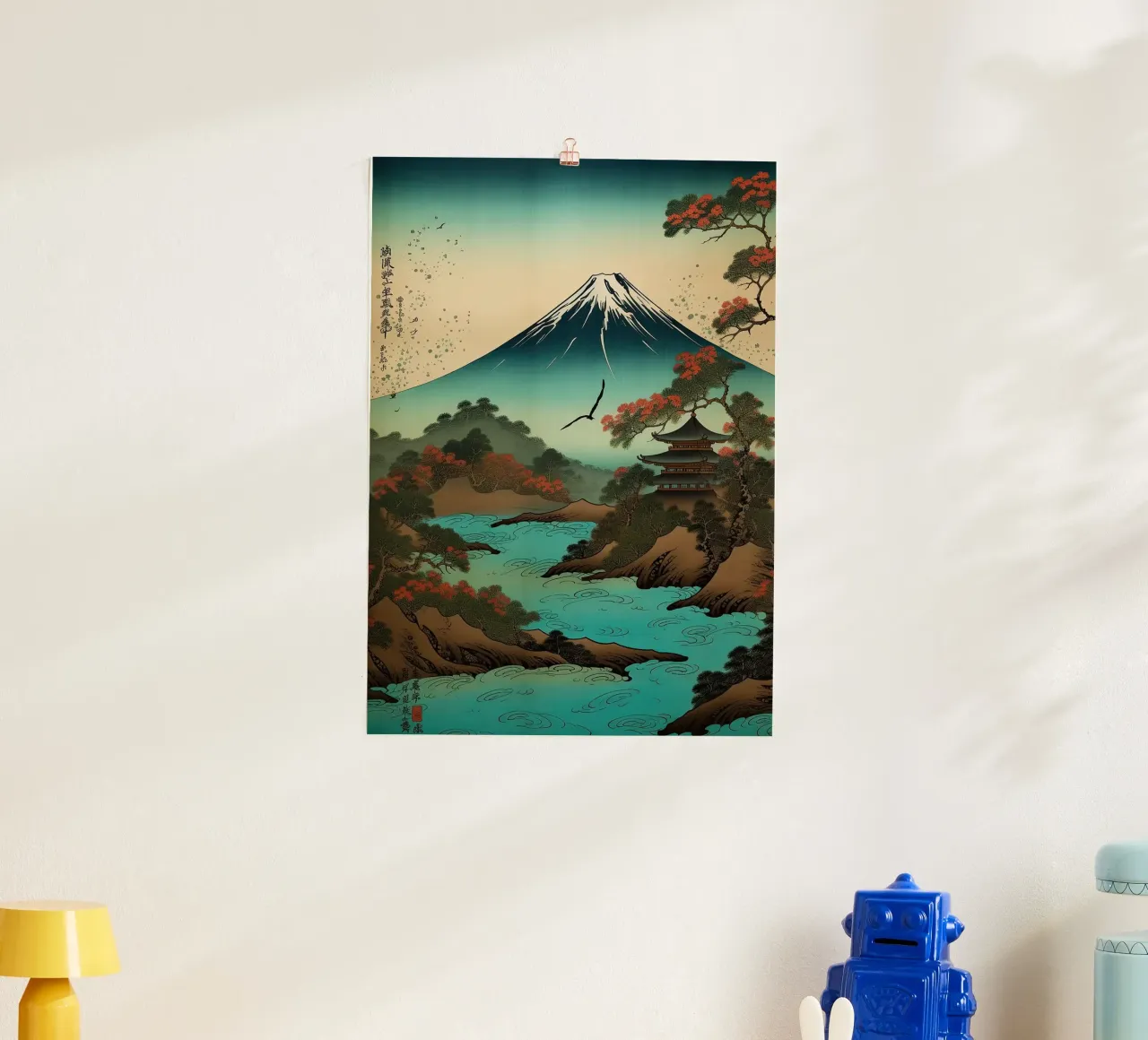 mountain trees river pagoda sky clouds bird hahnemühle by Kirsten C Nolan