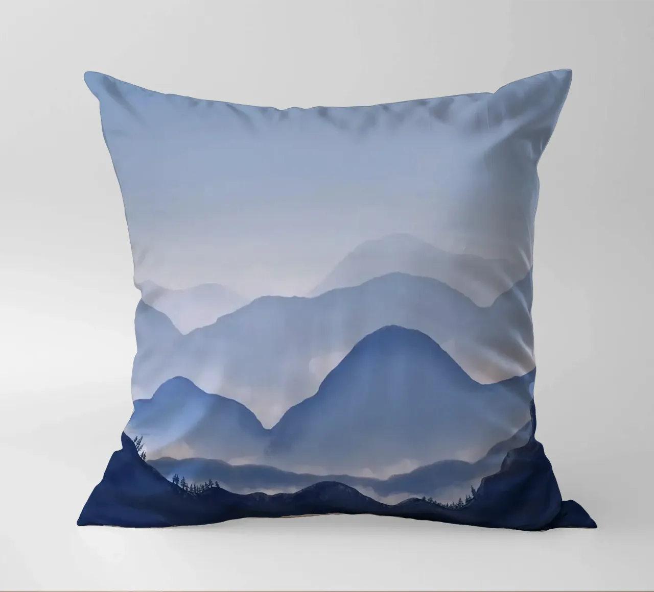 mountains mist fog trees forest sky horizon decorative cushion by Kirsten C Nolan