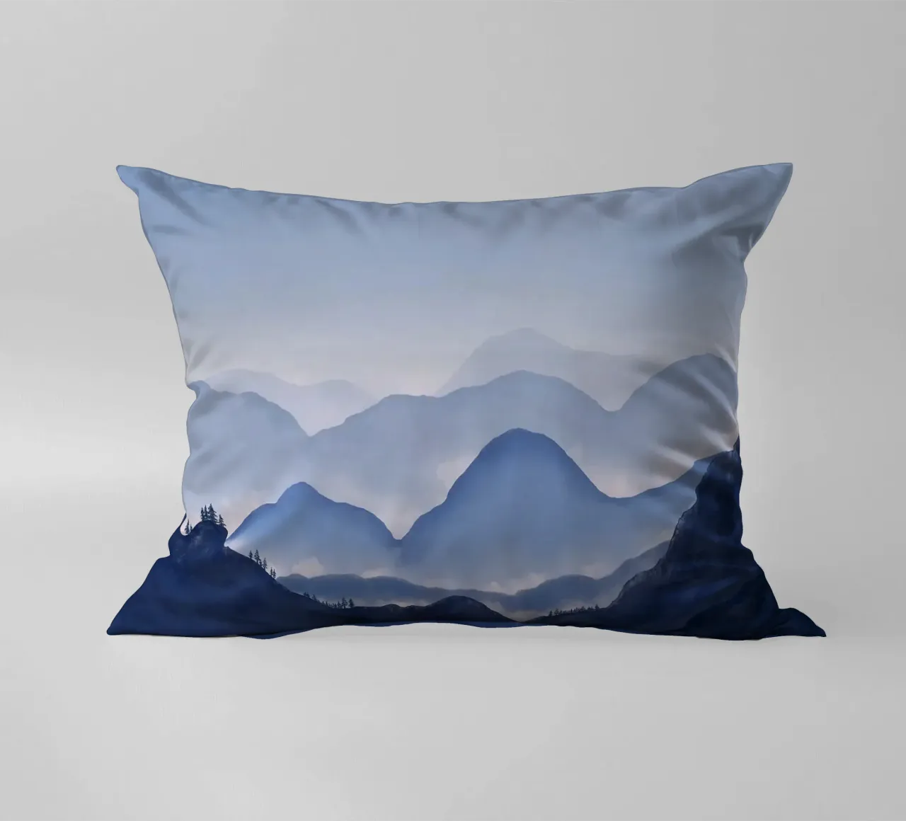 mountains mist fog trees forest sky horizon decorative cushion by Kirsten C Nolan