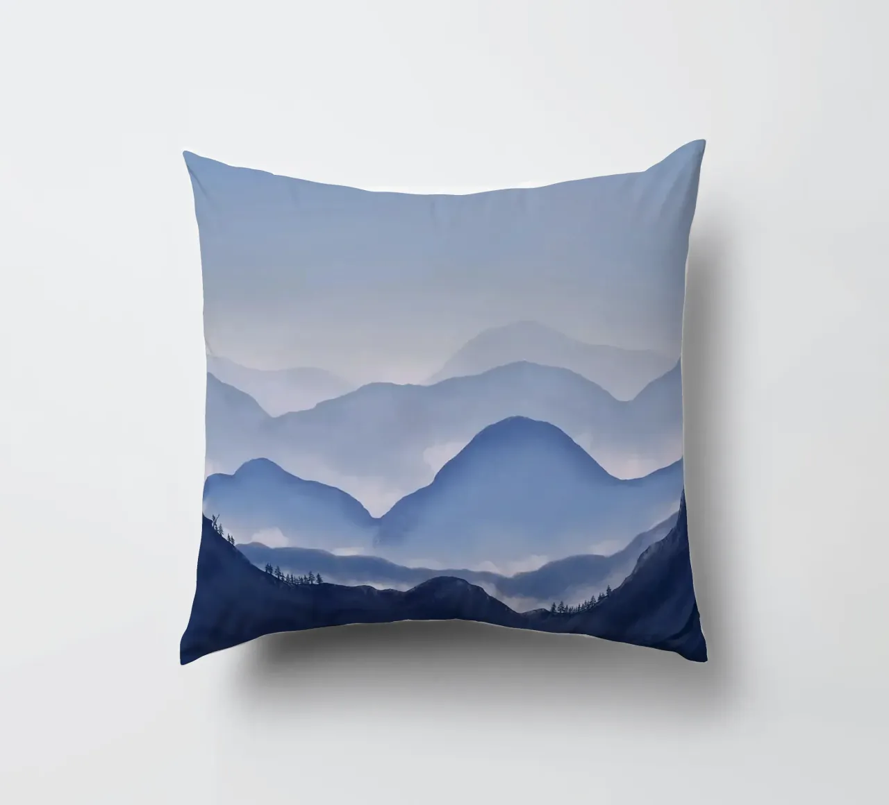 mountains mist fog trees forest sky horizon decorative cushion by Kirsten C Nolan