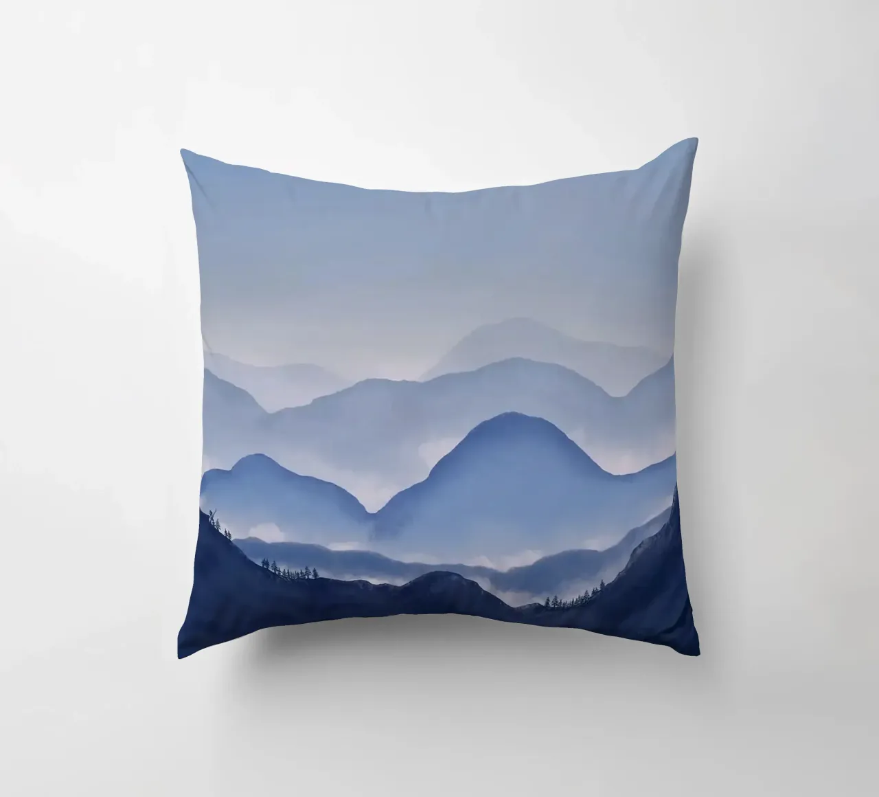 mountains mist fog trees forest sky horizon decorative cushion by Kirsten C Nolan