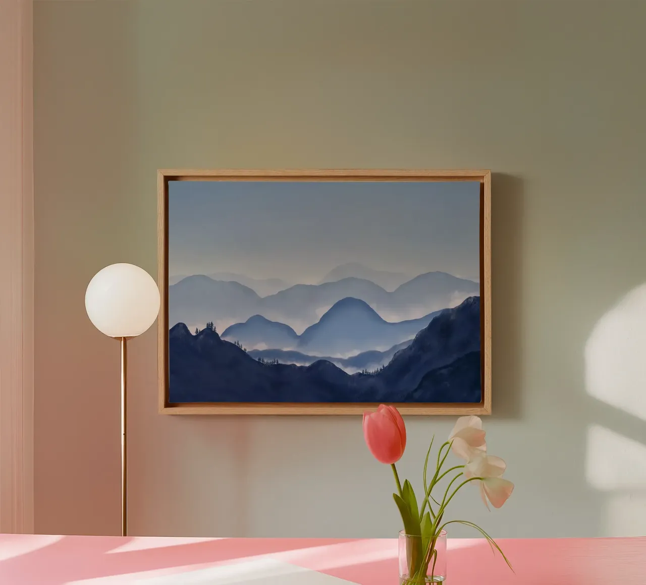 mountains mist fog trees forest sky horizon canvas with Floater frame by Kirsten C Nolan